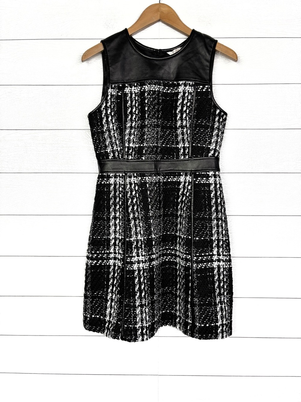 Boston Proper Tweed Sheath Dress Black White Faux Leather 6